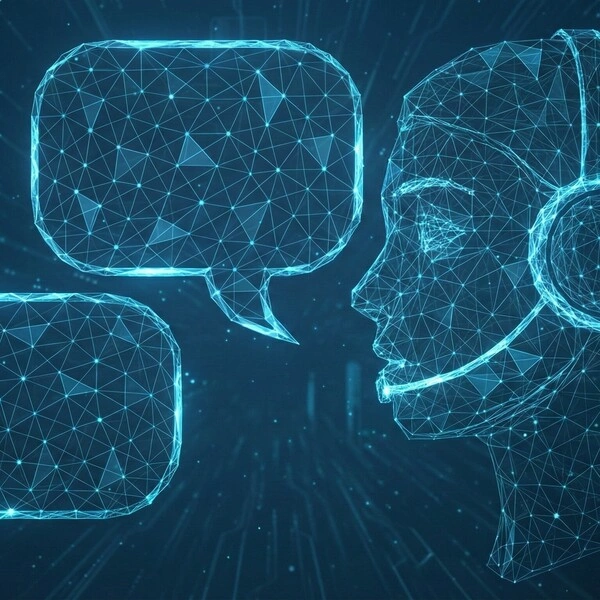 KI-Silhouette mit Headset und Sprechblasen als Symbol für KI-Telefonassistenz