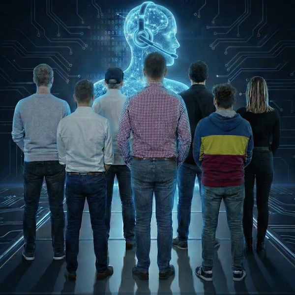 Team vor einem holografischen KI-Assistenten als Symbol für fachkundige Betreuung