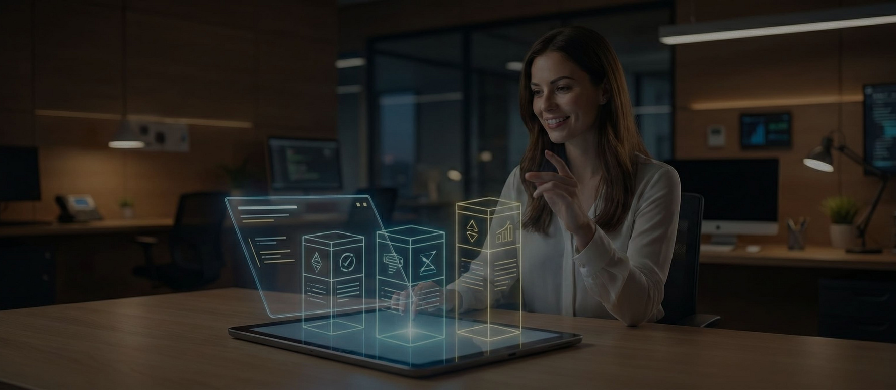 Frau vergleicht Pakete am Tablet als Symbol für Preisoptionen