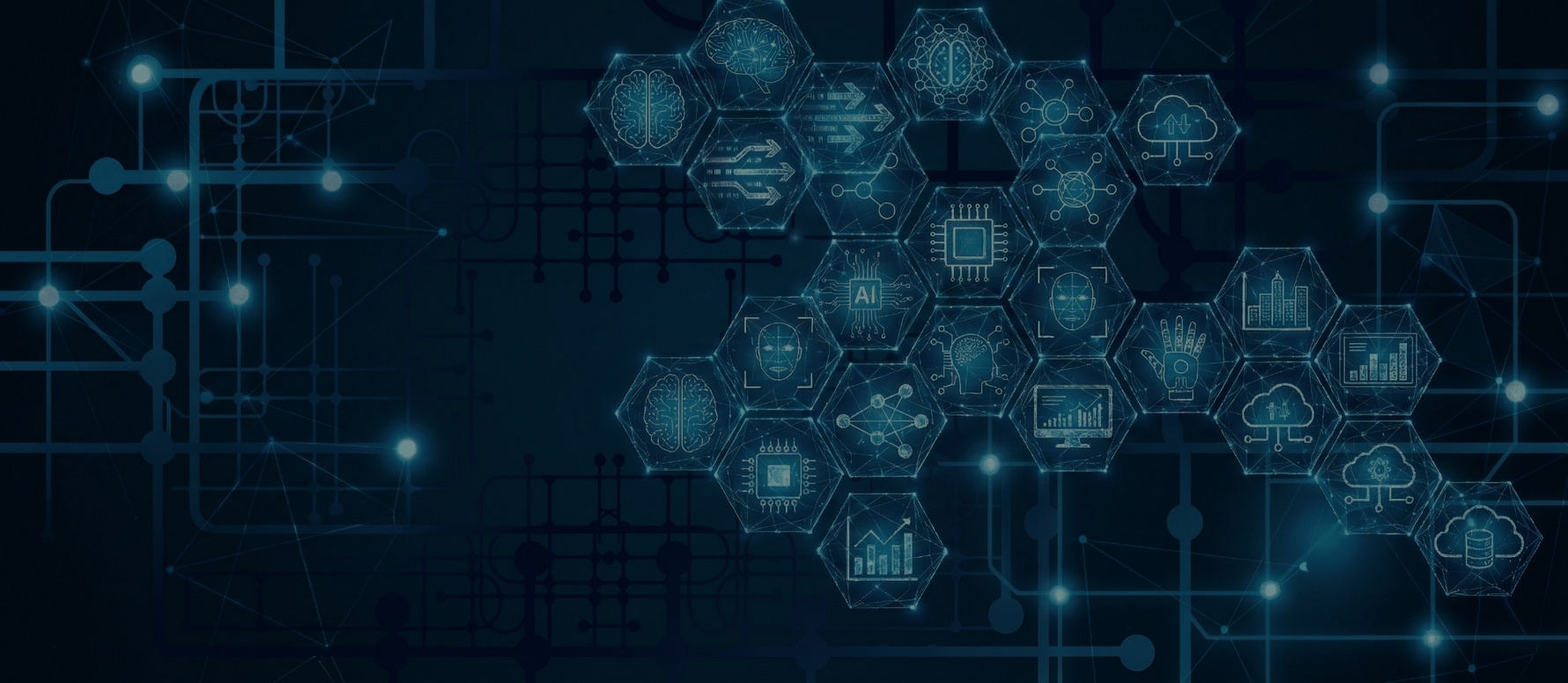 Abstraktes KI Netzwerk mit Symbolen für verschiedene Einsatzbereiche