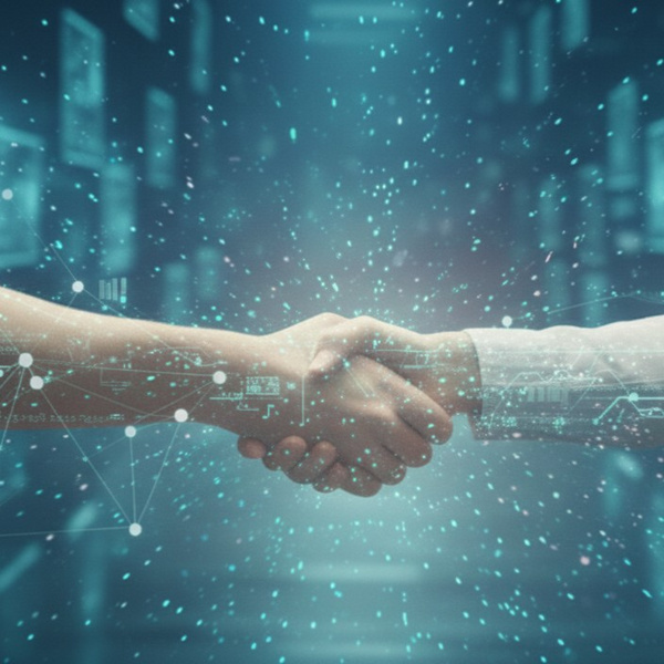 Händedruck mit digitaler Vernetzung als Symbol für persönliche Betreuung