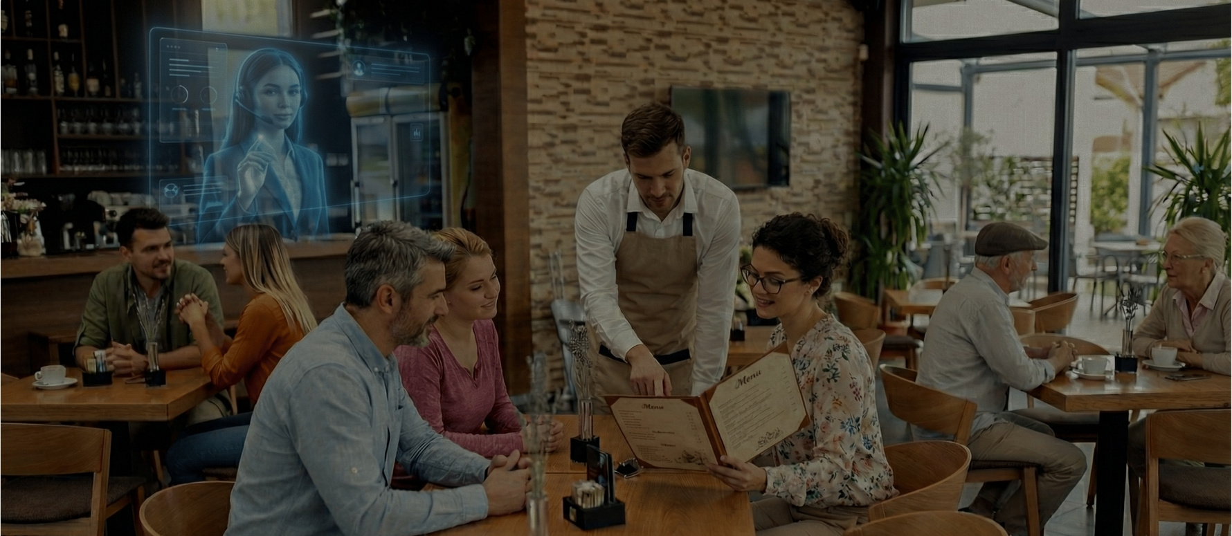 Restaurant Szene mit Gästen und virtueller KI Telefonassistenz im Hintergrund