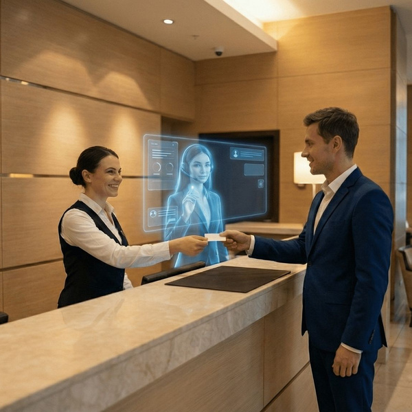 Rezeptionistin übergibt einem Gast die Zimmerkarte, während eine virtuelle KI Assistentin den Hotelservice im Hintergrund unterstützt