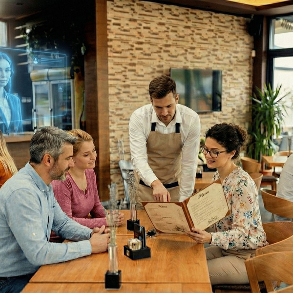 Servicekraft zeigt Gästen die Speisekarte am Tisch, während eine virtuelle KI Assistentin Anrufe und Reservierungsanfragen im Hintergrund bearbeitet