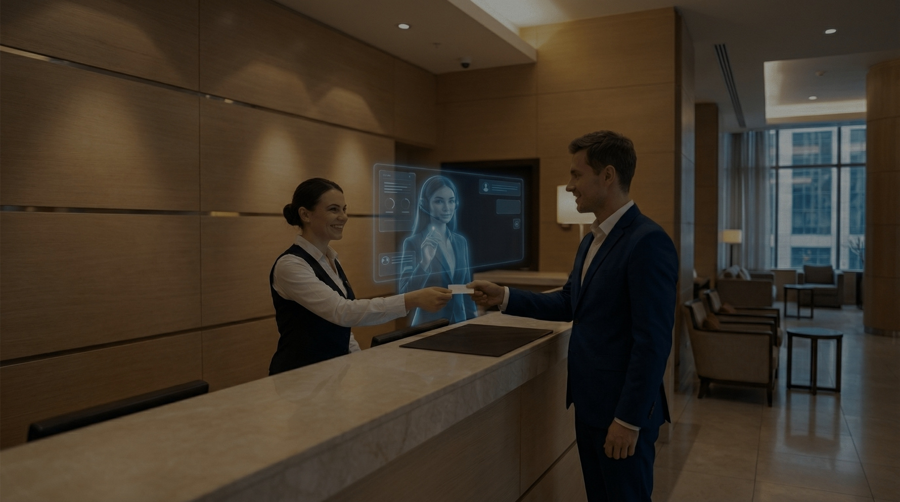 Hotel Rezeption mit Gast und virtueller KI-Telefonassistentin im Hintergrund