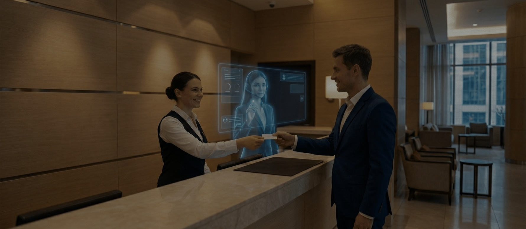 Hotel Rezeption mit Gast und virtueller KI-Telefonassistentin im Hintergrund