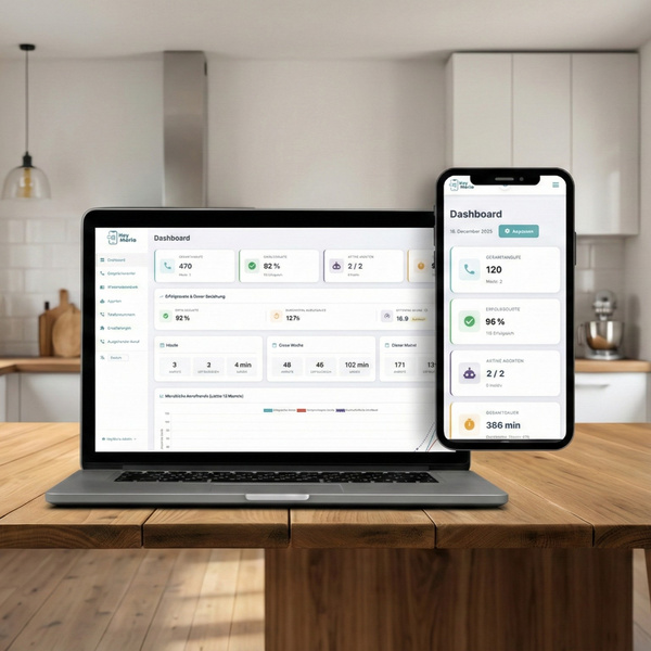 HeyMaria Dashboard auf Laptop und Smartphone mit Anrufstatistiken