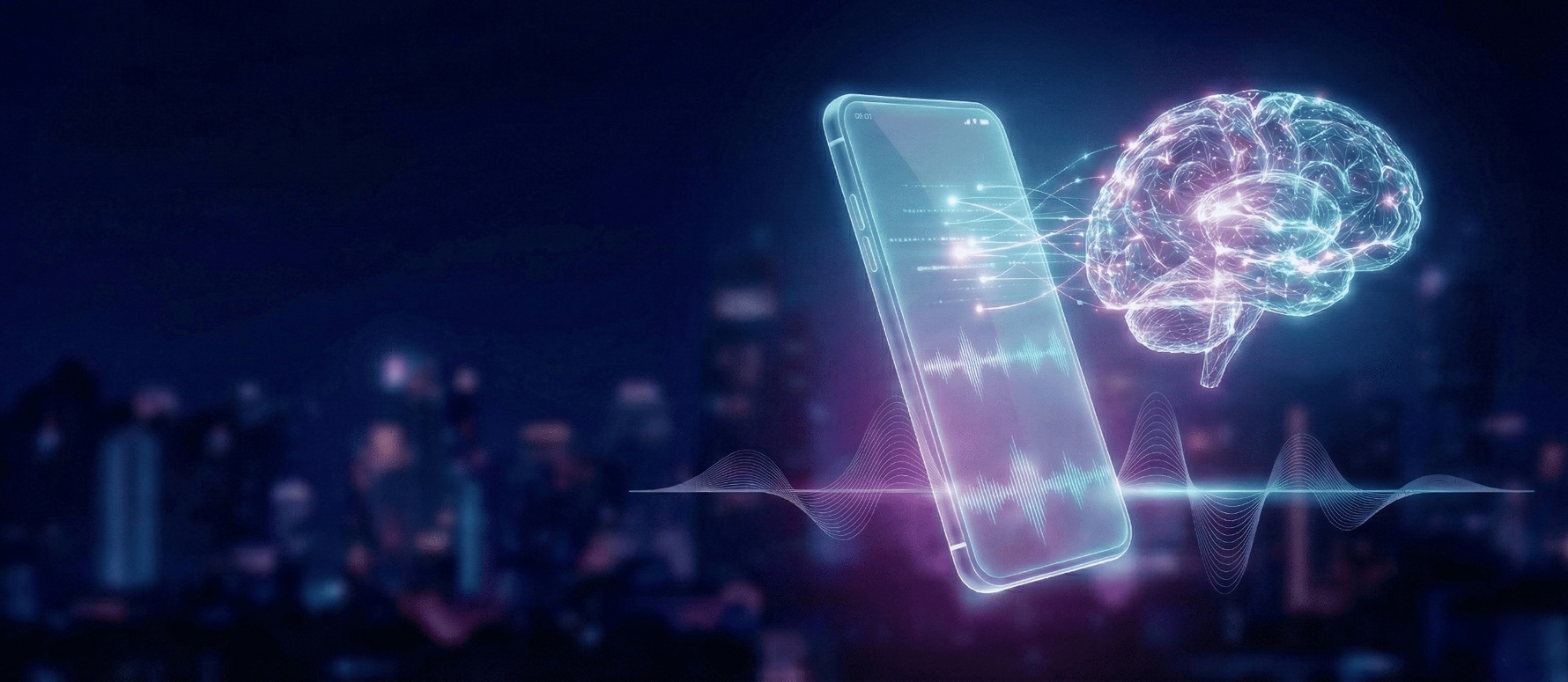 Smartphone mit Sprachwellen und digitalem Gehirn als Symbol für KI Telefonassistenz